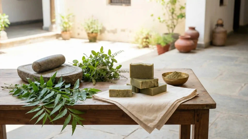 Organic neem and tulsi soap for skin infections